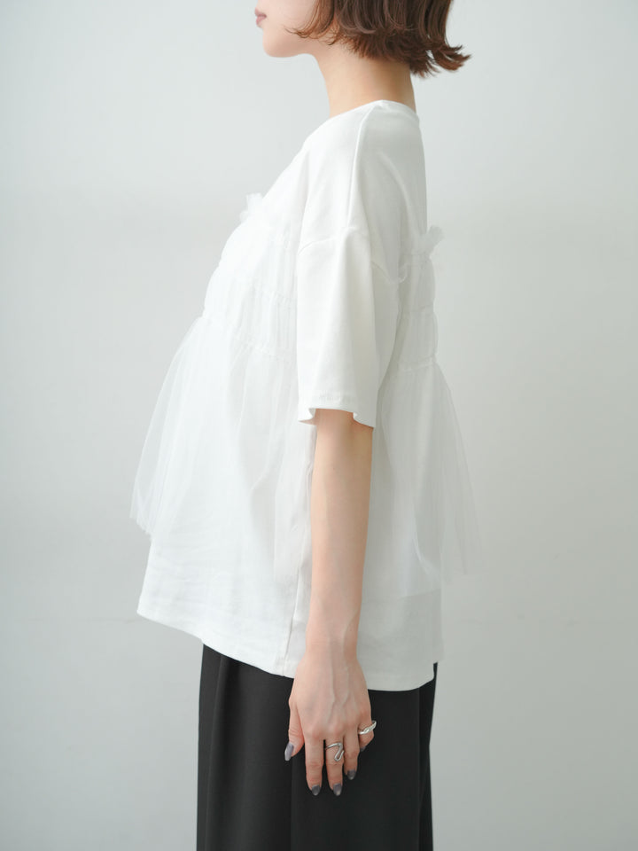 [予約]ギャザーチュールドッキングTEE/white