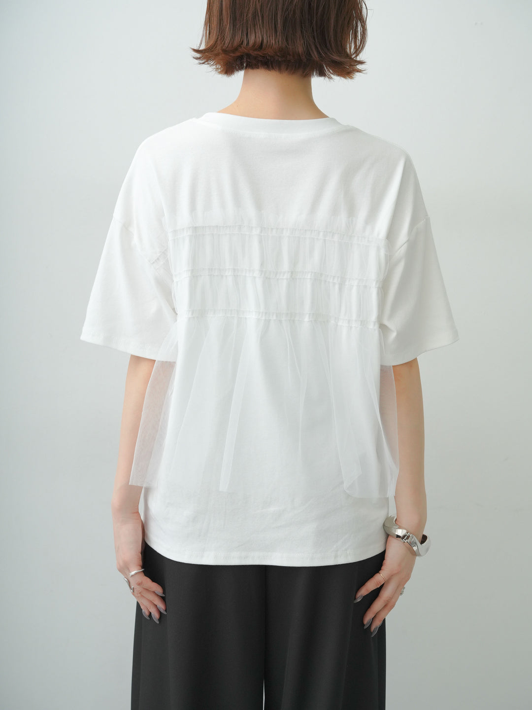 [予約]ギャザーチュールドッキングTEE/white