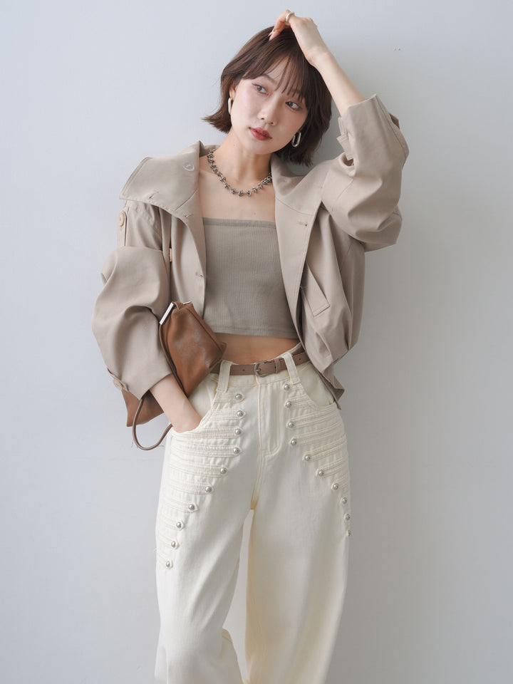 [SET]コクーンショートトレンチ+ダブルストラップカップ付キャミソール+ナポレオンワイドストレートパンツ(3set)
