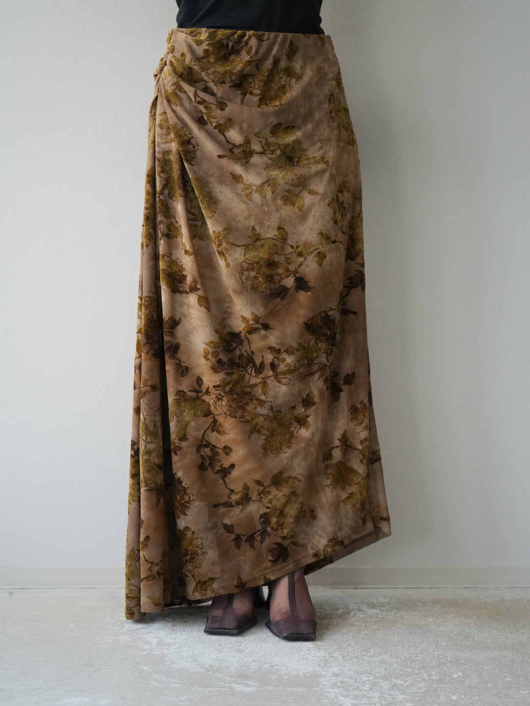 [予約]フラワーフロッキーシアードレープスカート/ブラウン