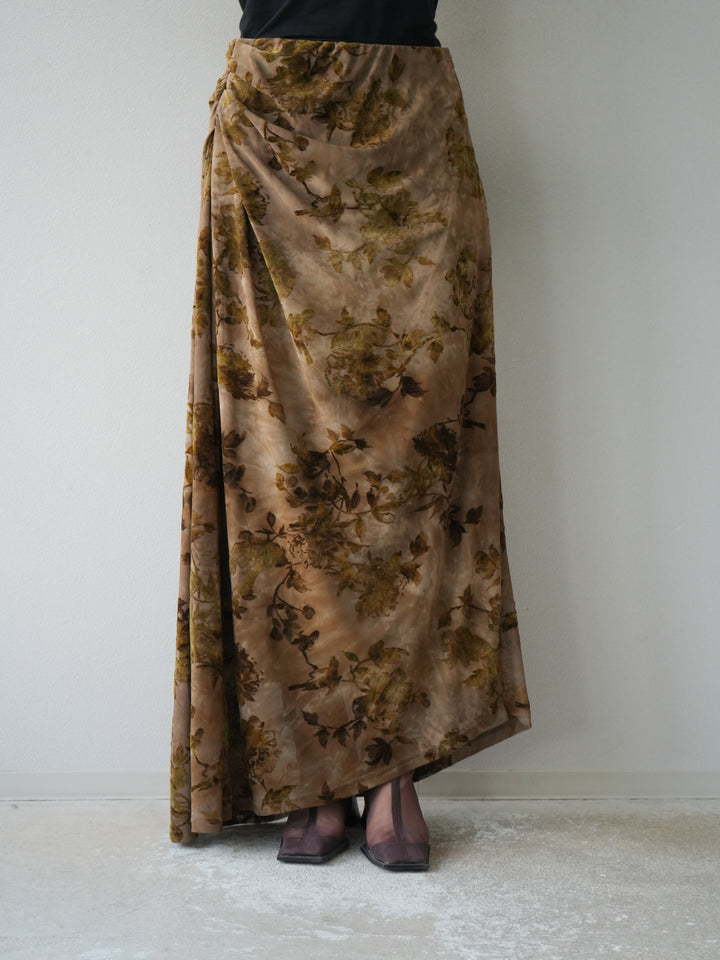 [予約]フラワーフロッキーシアードレープスカート/ブラウン