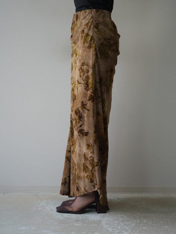 [予約]フラワーフロッキーシアードレープスカート/ブラウン