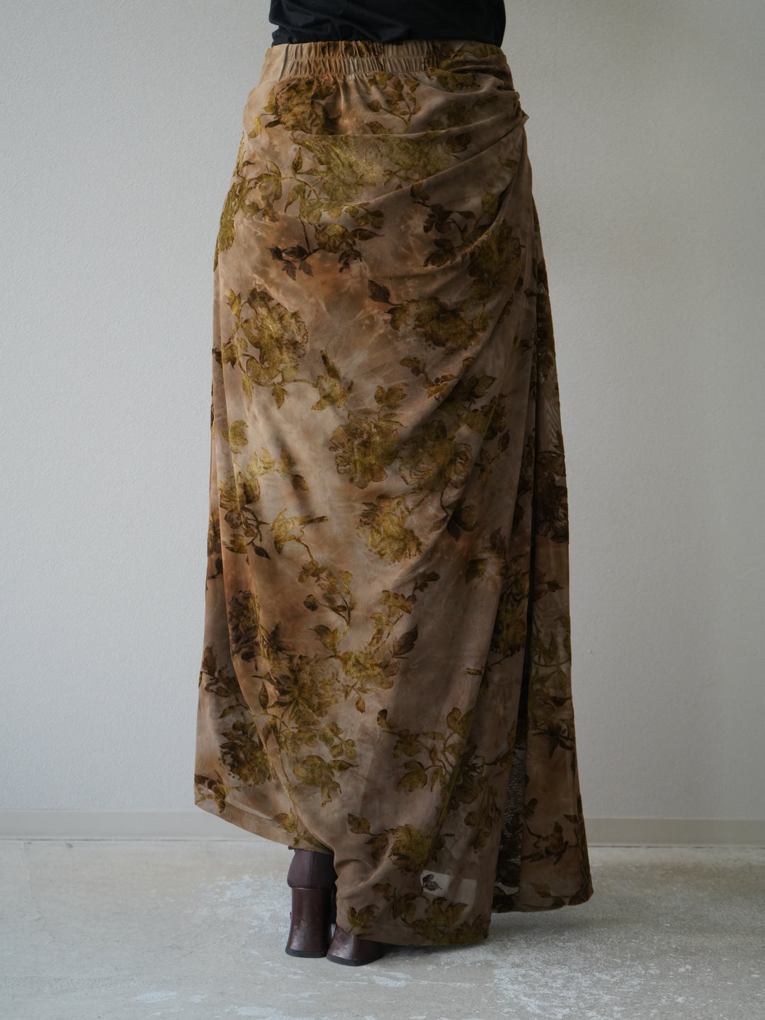 [予約]フラワーフロッキーシアードレープスカート/ブラウン