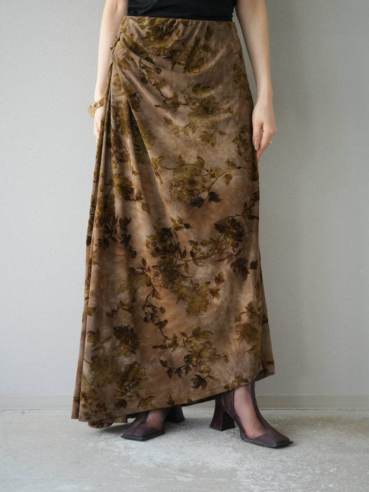 [予約]フラワーフロッキーシアードレープスカート/ブラウン