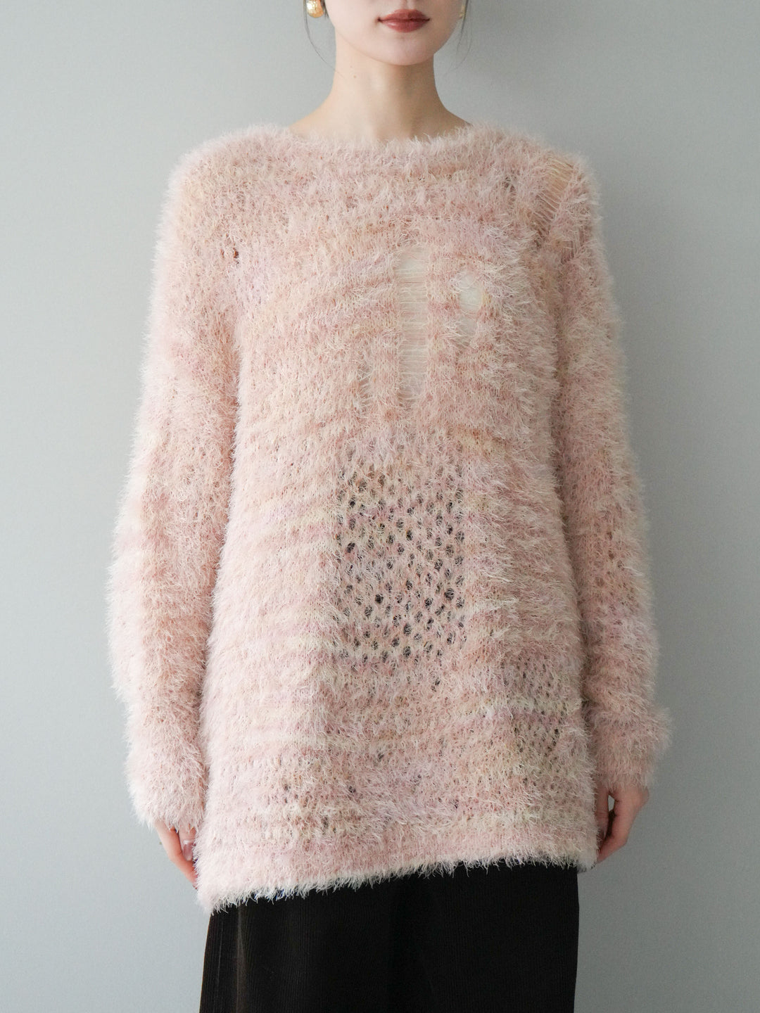 [予約]ミックスシャギールーズニットプルオーバー/pink