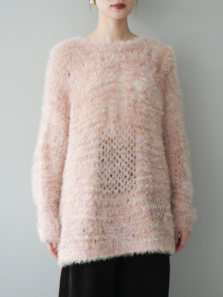 [予約]ミックスシャギールーズニットプルオーバー/pink