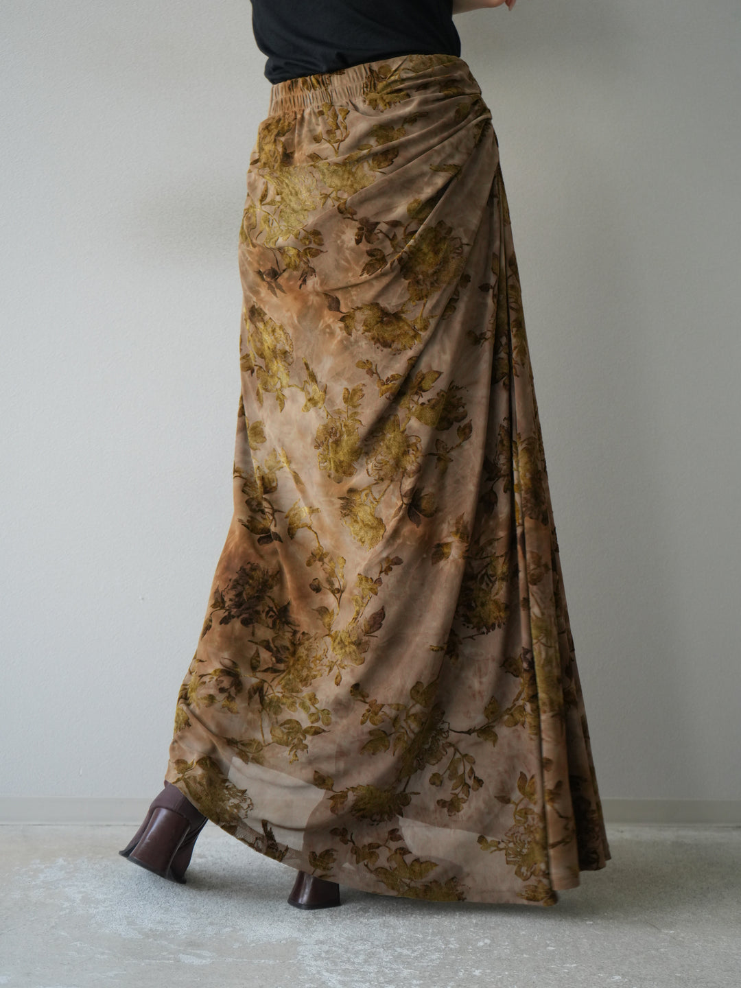 [予約]フラワーフロッキーシアードレープスカート/ブラウン