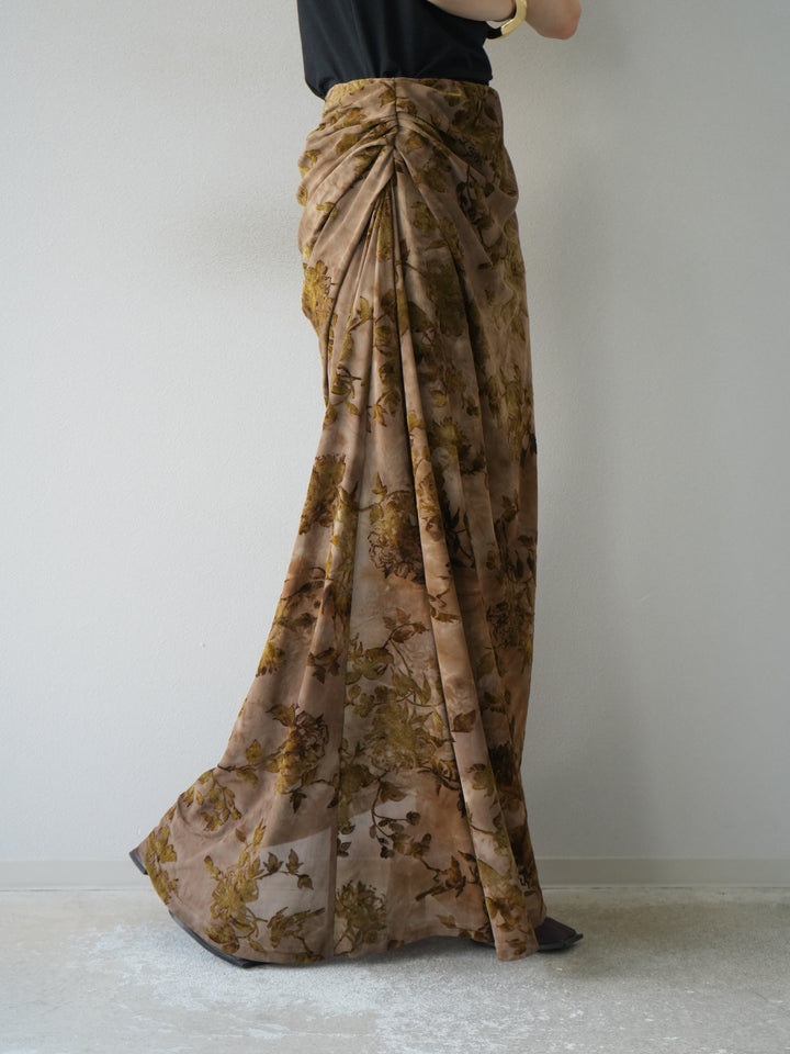 [予約]フラワーフロッキーシアードレープスカート/ブラウン