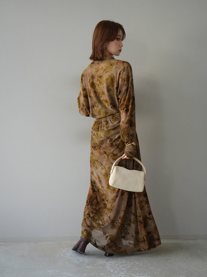 [予約]フラワーフロッキーシアードレープスカート/ブラウン