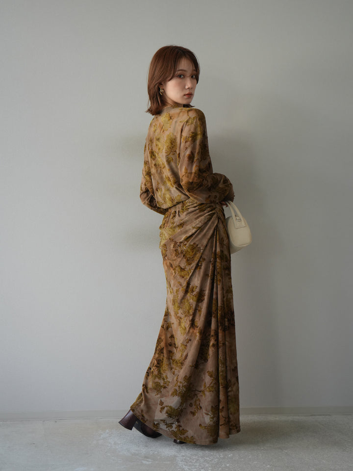 [予約]フラワーフロッキーシアードレープスカート/ブラウン