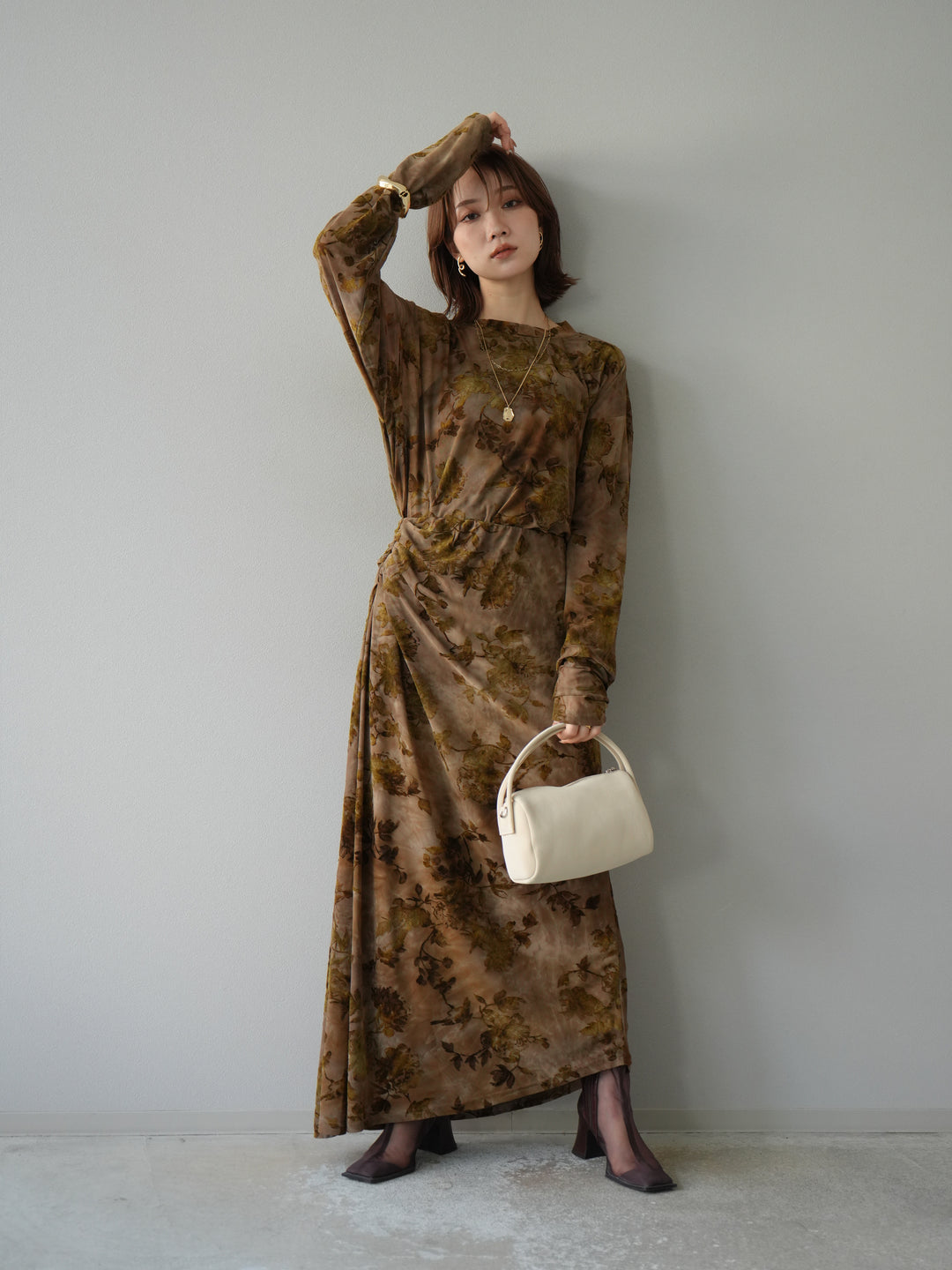 [予約]フラワーフロッキーシアードレープスカート/ブラウン