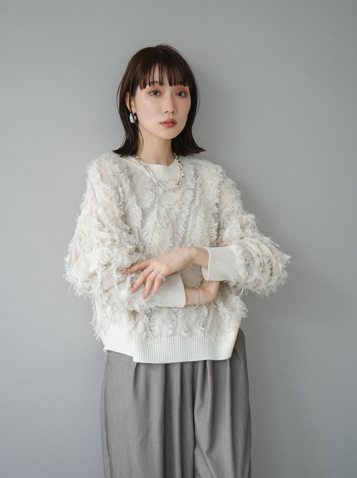 [予約]ミックスフリンジニットプルオーバー/アイボリー
