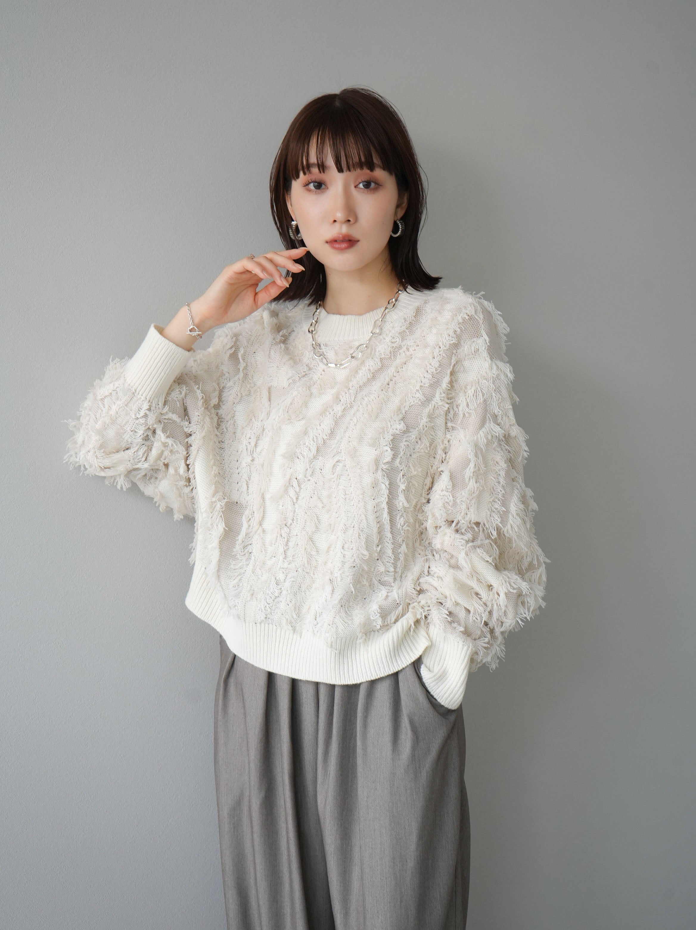 予約]ミックスフリンジニットプルオーバー/アイボリー – Lumier