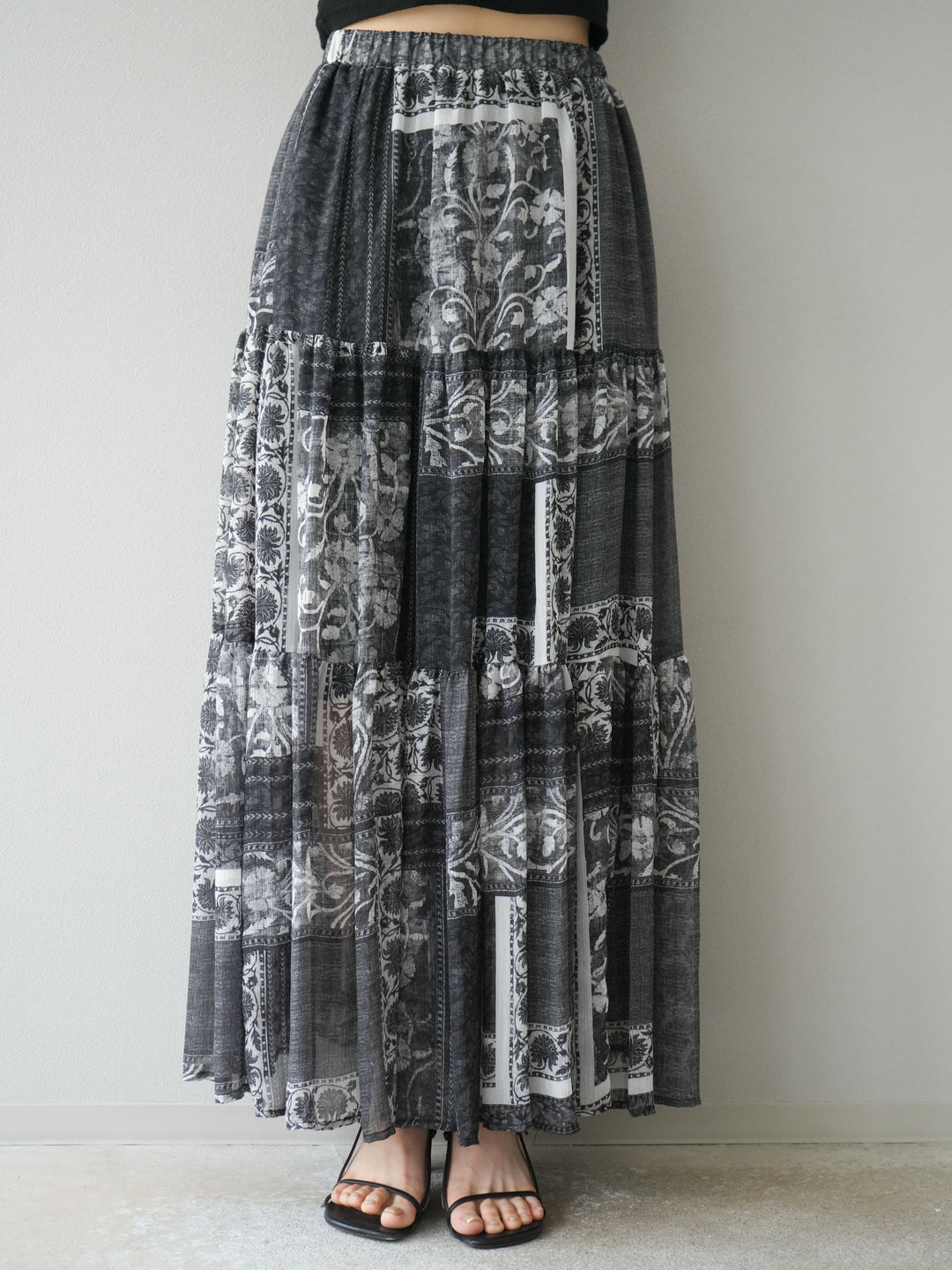 [SET]リネンタッチバックオープンベスト＆ニュアンス柄マキシスカートSET UP(2set)