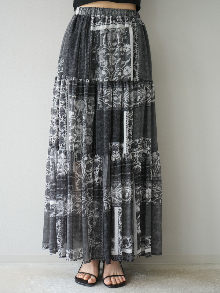 [SET]リネンタッチバックオープンベスト＆ニュアンス柄マキシスカートSET UP(2set)