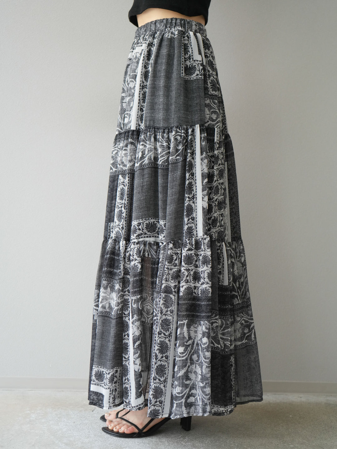 [SET]リネンタッチバックオープンベスト＆ニュアンス柄マキシスカートSET UP(2set)