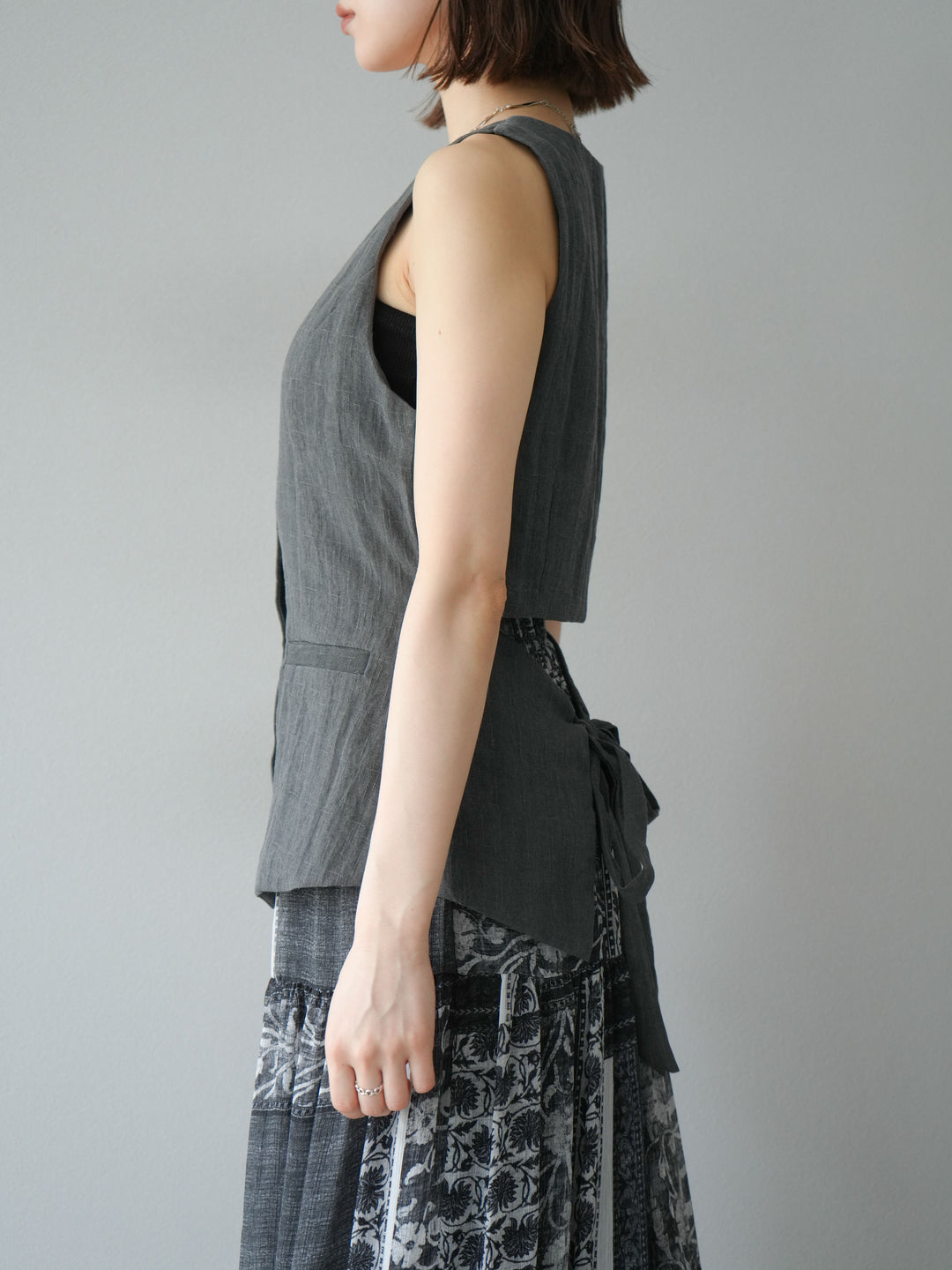 [SET]リネンタッチバックオープンベスト＆ニュアンス柄マキシスカートSET UP(2set)