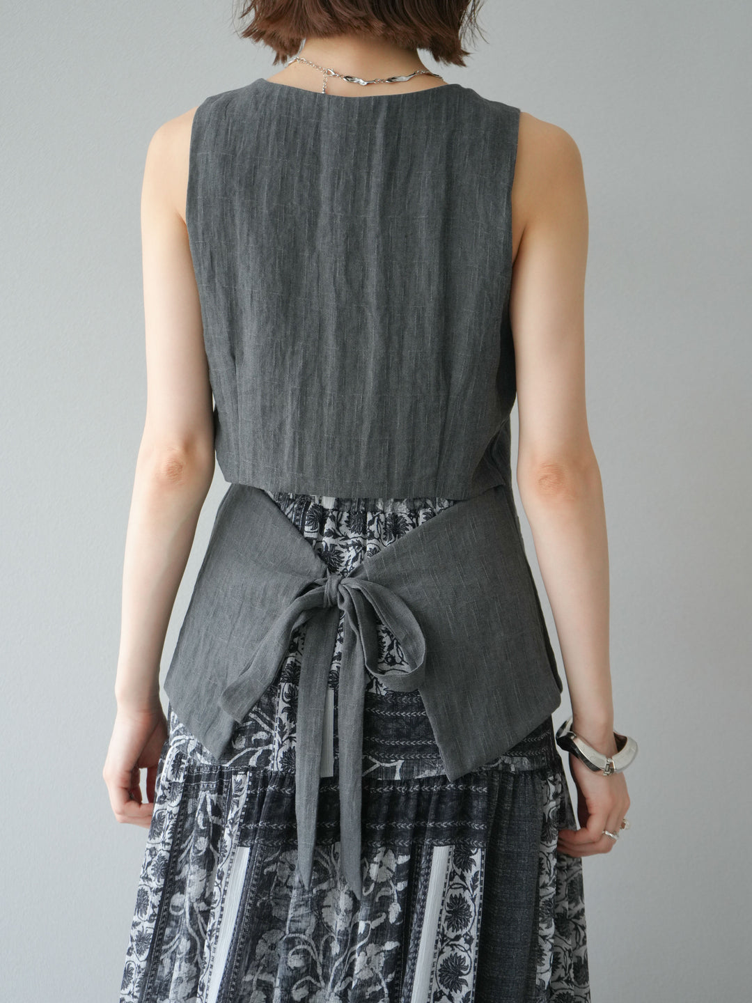 [SET]リネンタッチバックオープンベスト＆ニュアンス柄マキシスカートSET UP(2set)