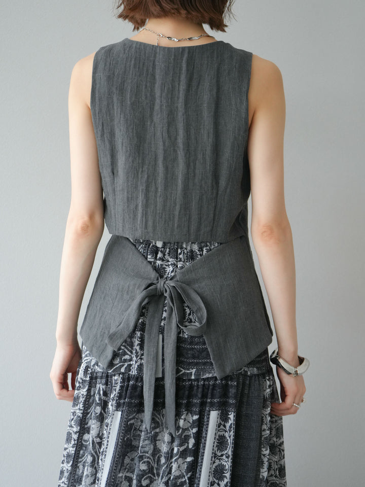 [SET]リネンタッチバックオープンベスト＆ニュアンス柄マキシスカートSET UP(2set)