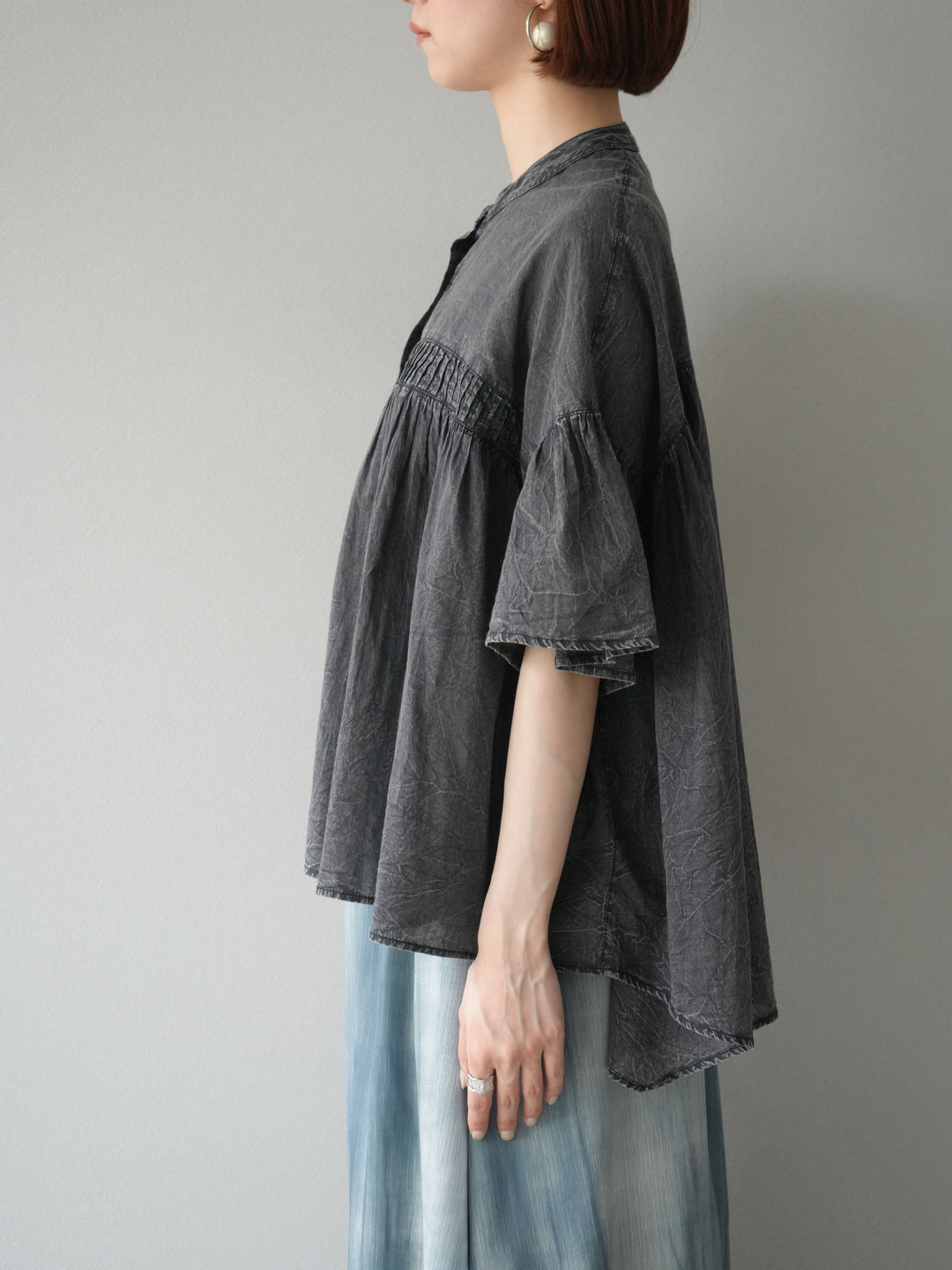 [予約]インド製コットンボイルシアービンテージデニムシャツ/ブラック