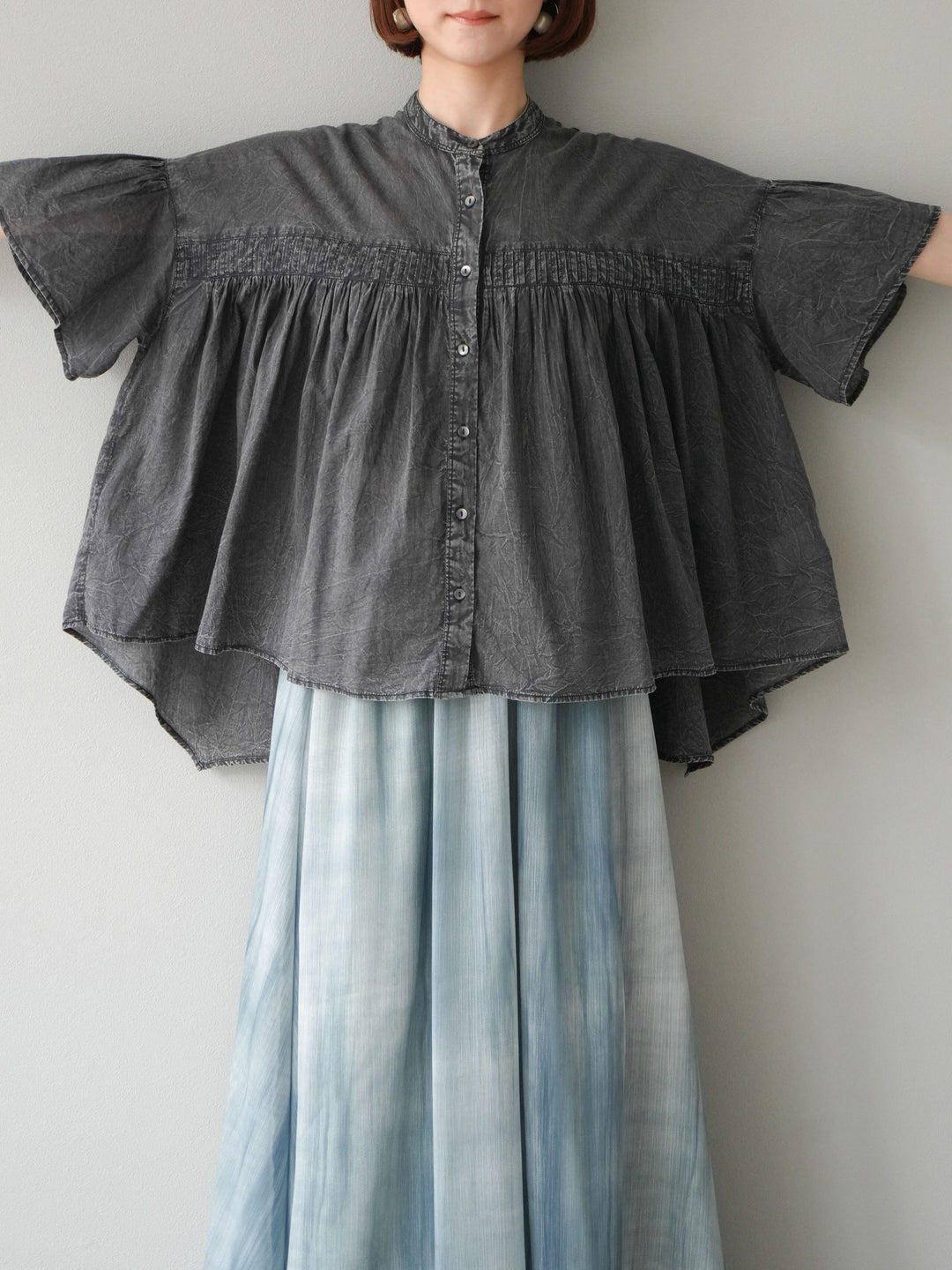 [予約]インド製コットンボイルシアービンテージデニムシャツ/ブラック
