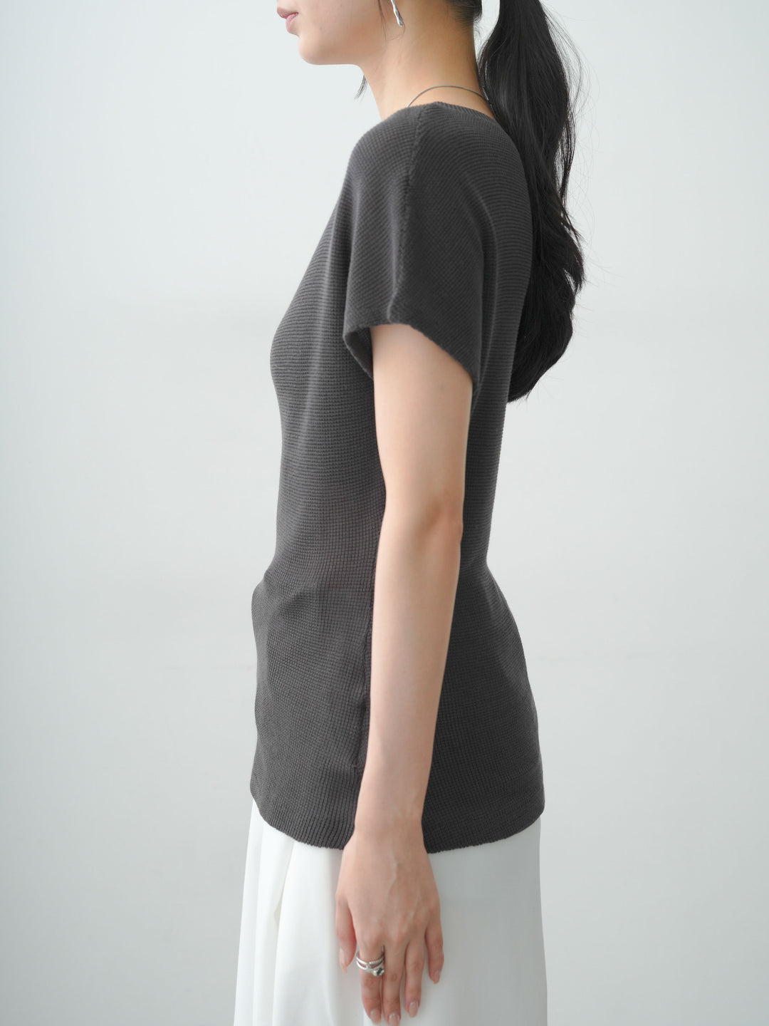 [予約]ショルダーツイストノースリニットトップス/gray