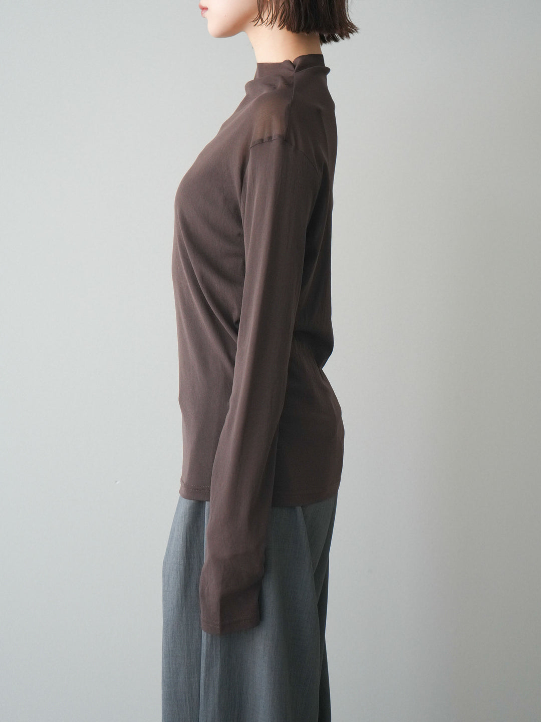 [予約]シアープチネックストレッチトップス/brown