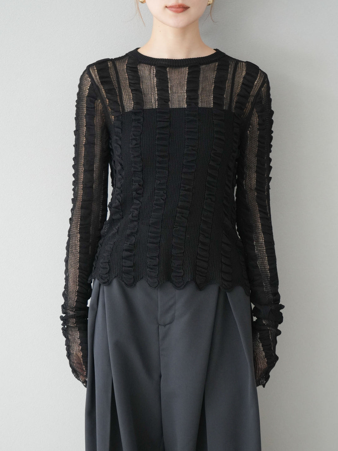 [予約]リネンタッチシャーリングニットトップス/ブラック