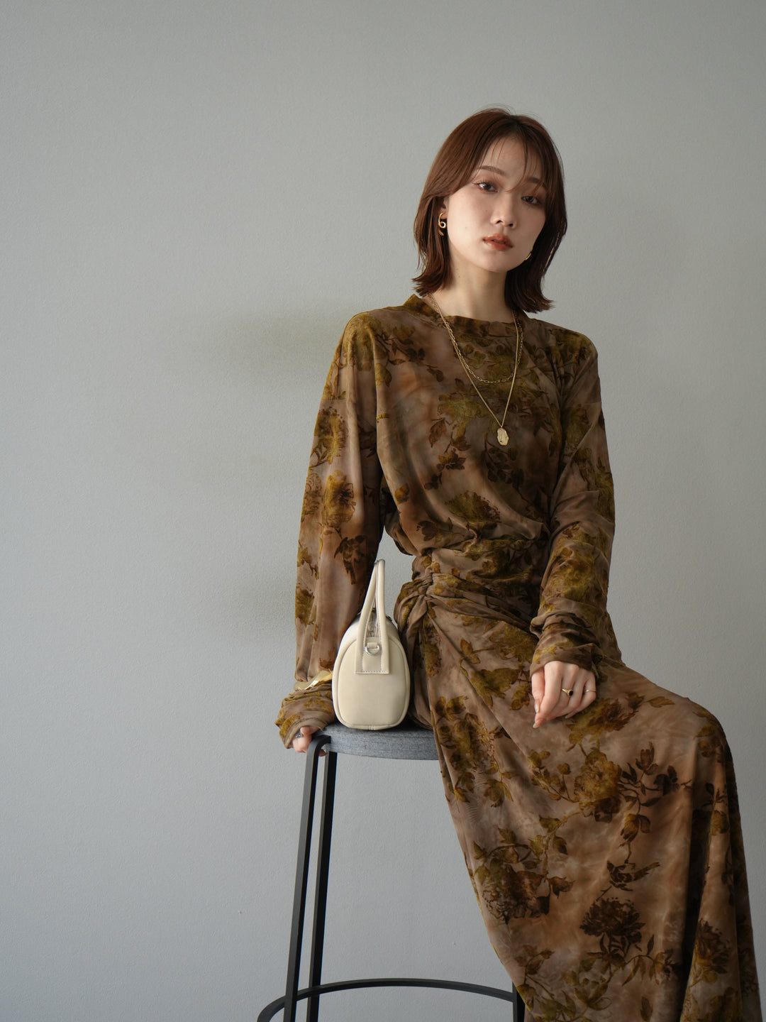 [予約]フラワーフロッキーシアードレープスカート/ブラウン