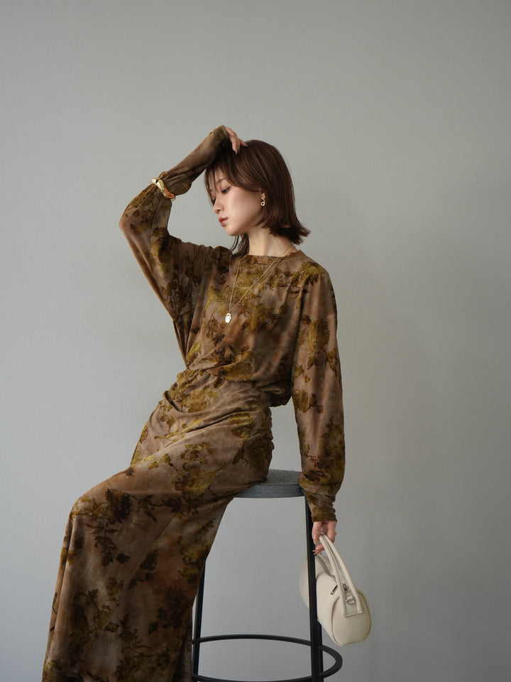 [予約]フラワーフロッキーシアードレープスカート/ブラウン