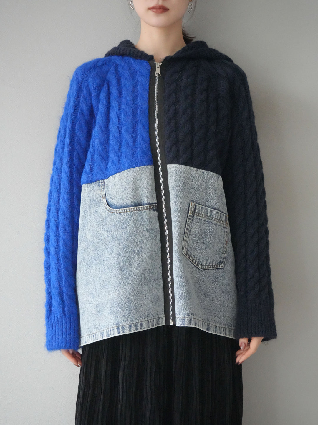 [予約]デニム×バイカラーニットZIPフーディ/blue