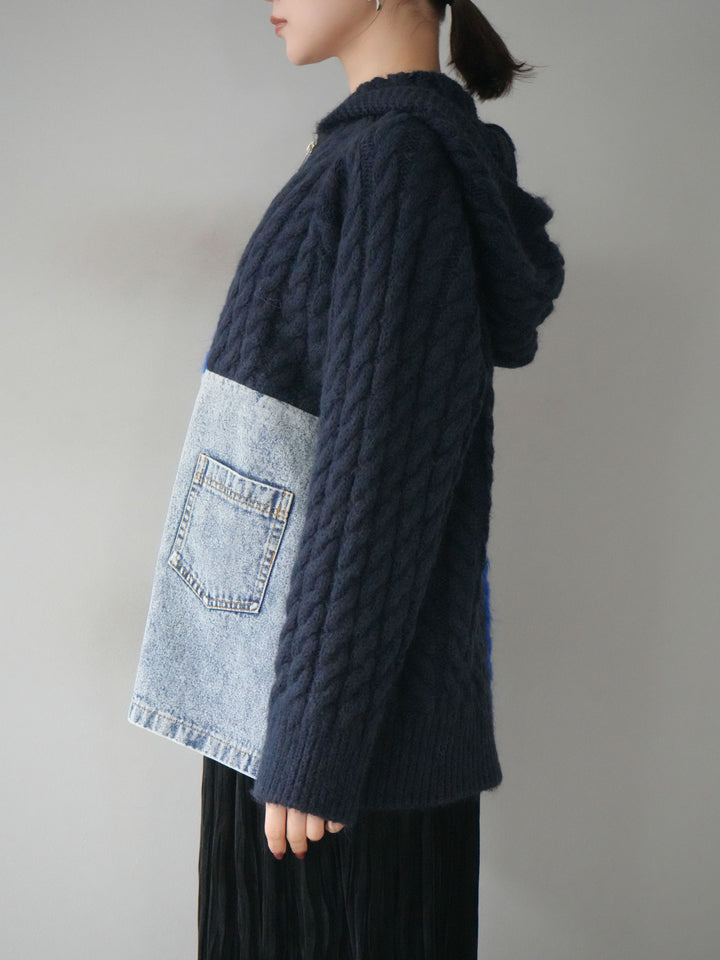 [予約]デニム×バイカラーニットZIPフーディ/blue