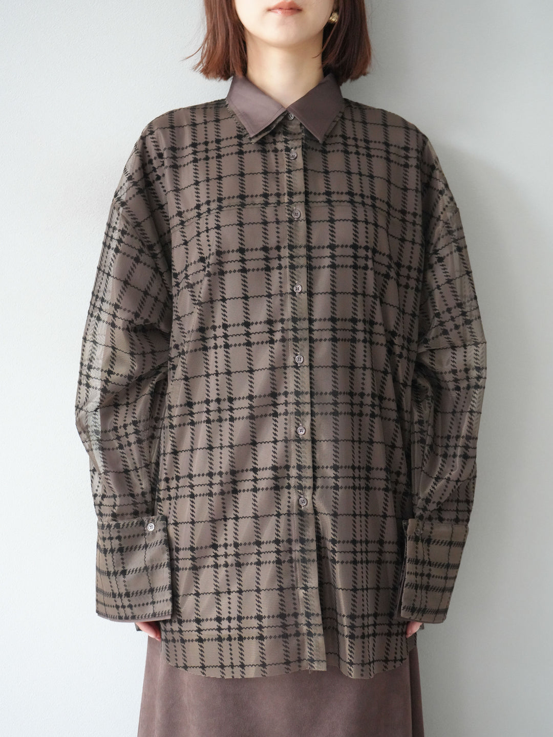 [予約]チェック柄チュールシャツアンサンブル/ブラウン