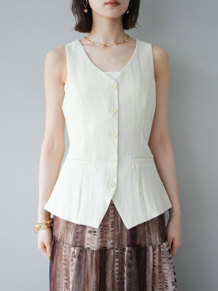 [SET]リネンタッチバックオープンベスト＆ニュアンス柄マキシスカートSET UP(2set)