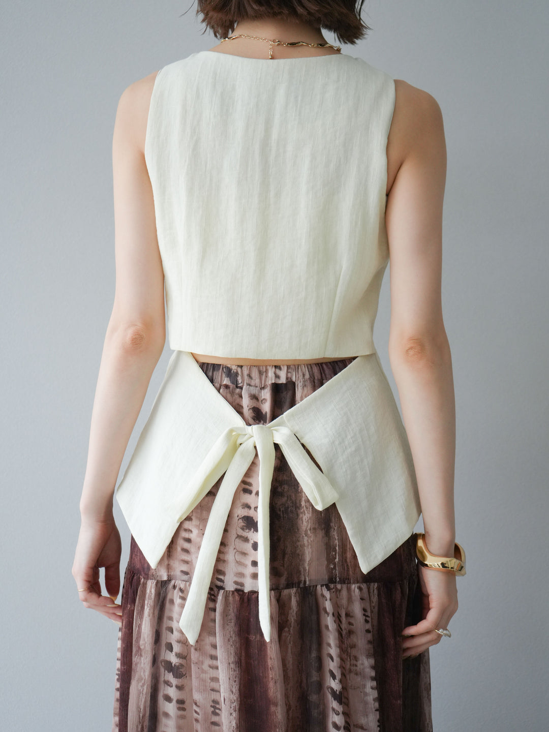 [SET]リネンタッチバックオープンベスト＆ニュアンス柄マキシスカートSET UP(2set)