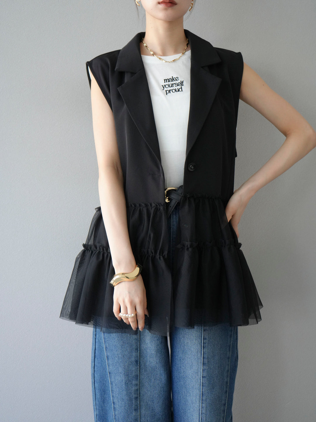 [予約]チュールフリルテーラードジレ/ブラック