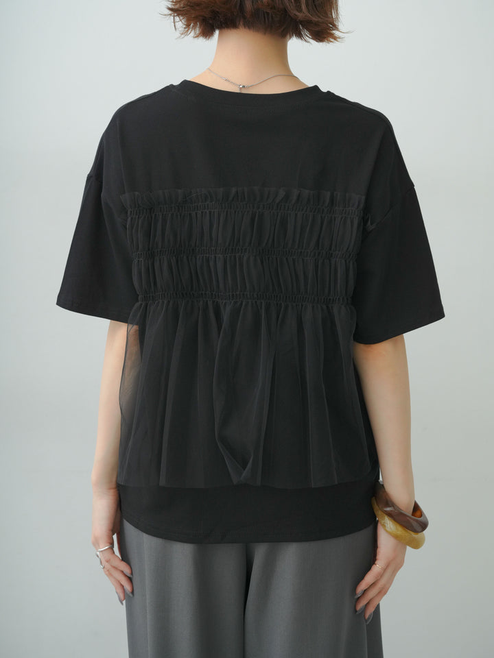 [予約]ギャザーチュールドッキングTEE/black