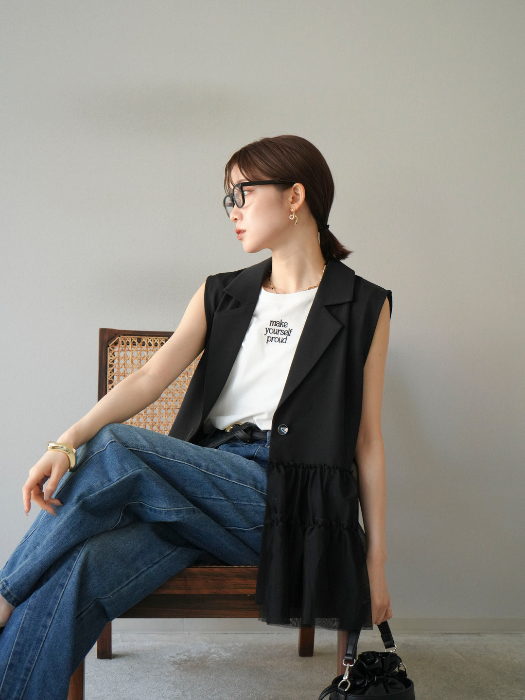 [予約]チュールフリルテーラードジレ/ブラック