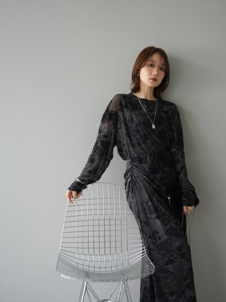 [予約]フラワーフロッキーシアードレープスカート/ブルー