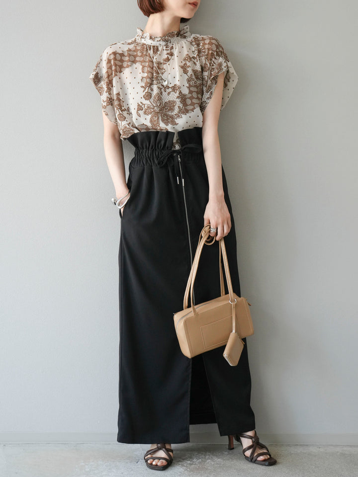 [予約]フラワーパターンフレンチスリーブブラウス/ベージュ