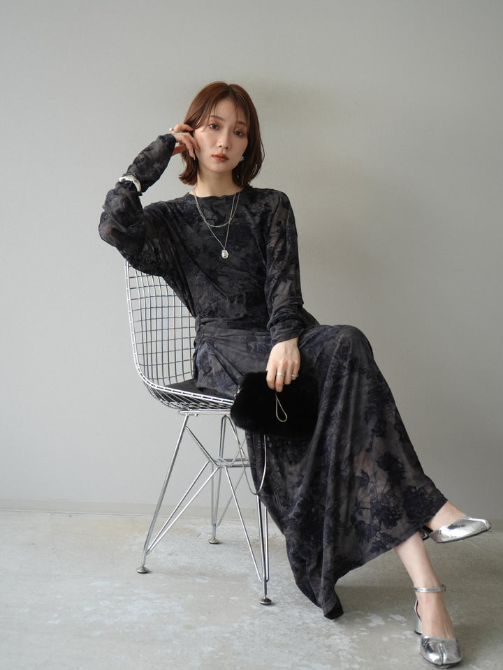 [予約]フラワーフロッキーシアードレープスカート/ブルー