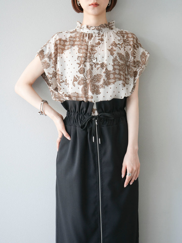 [予約]フラワーパターンフレンチスリーブブラウス/ベージュ