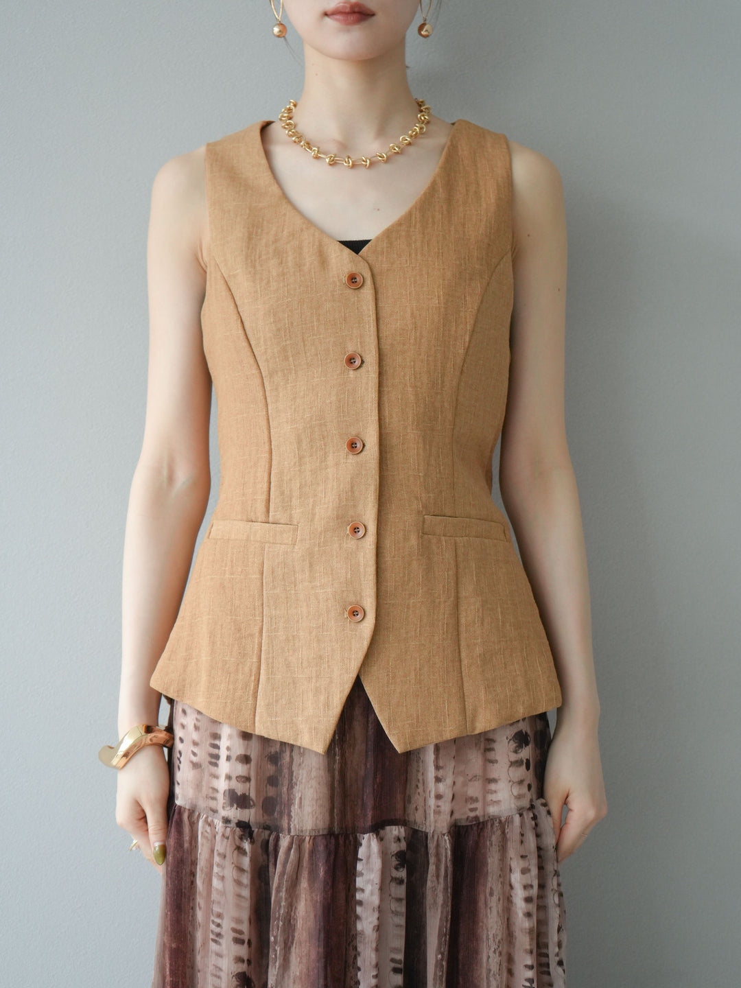 [SET]リネンタッチバックオープンベスト＆ニュアンス柄マキシスカートSET UP(2set)