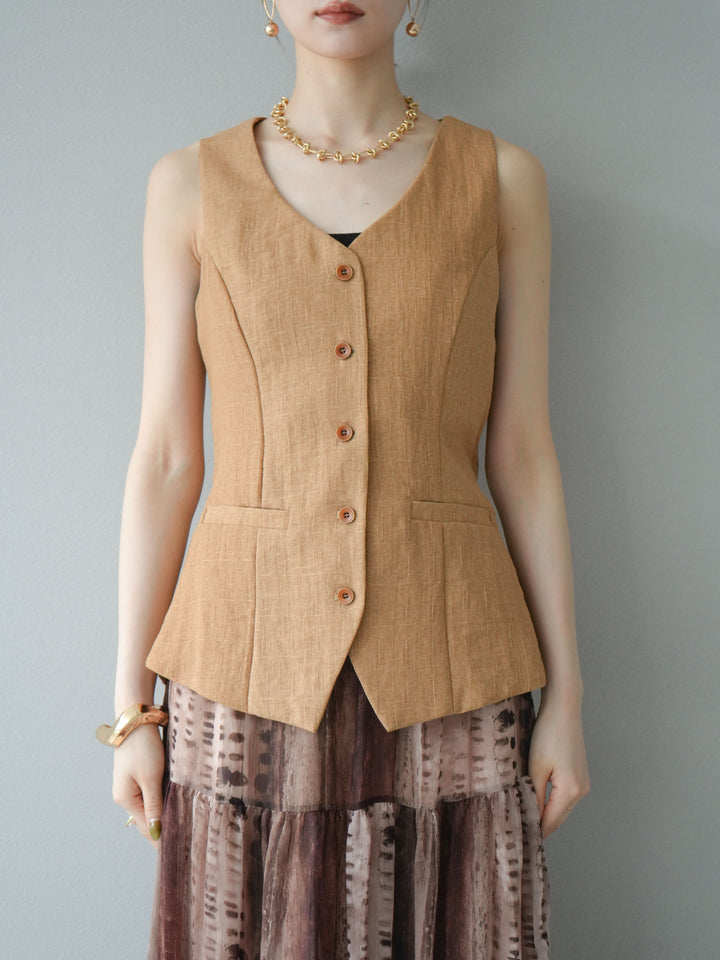 [SET]リネンタッチバックオープンベスト＆ニュアンス柄マキシスカートSET UP(2set)