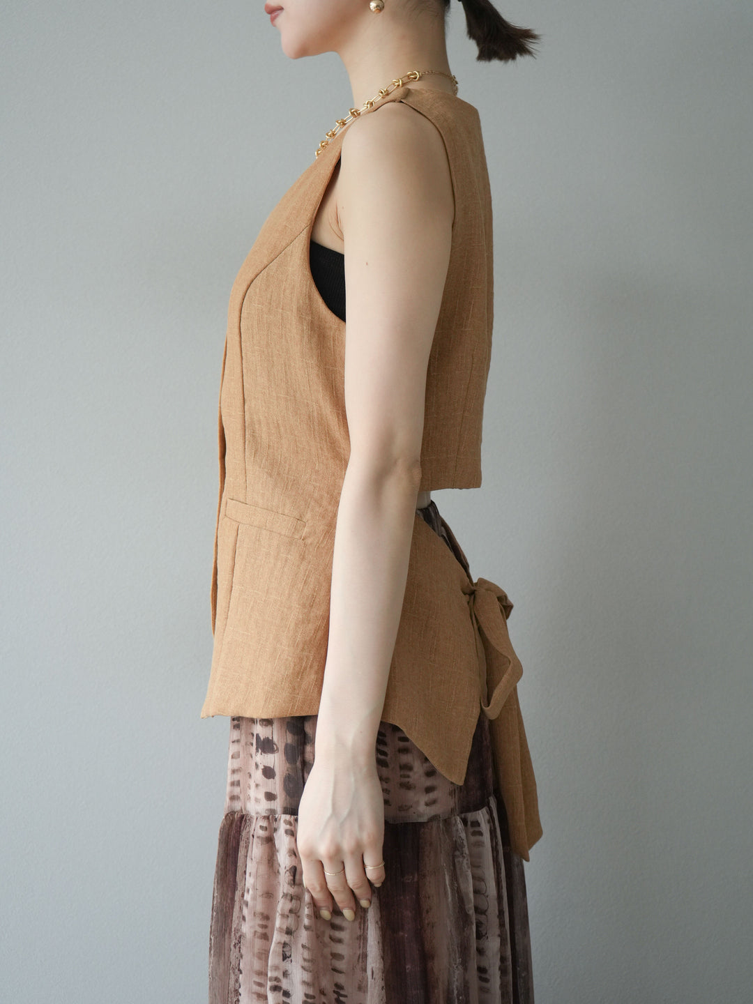 [SET]リネンタッチバックオープンベスト＆ニュアンス柄マキシスカートSET UP(2set)