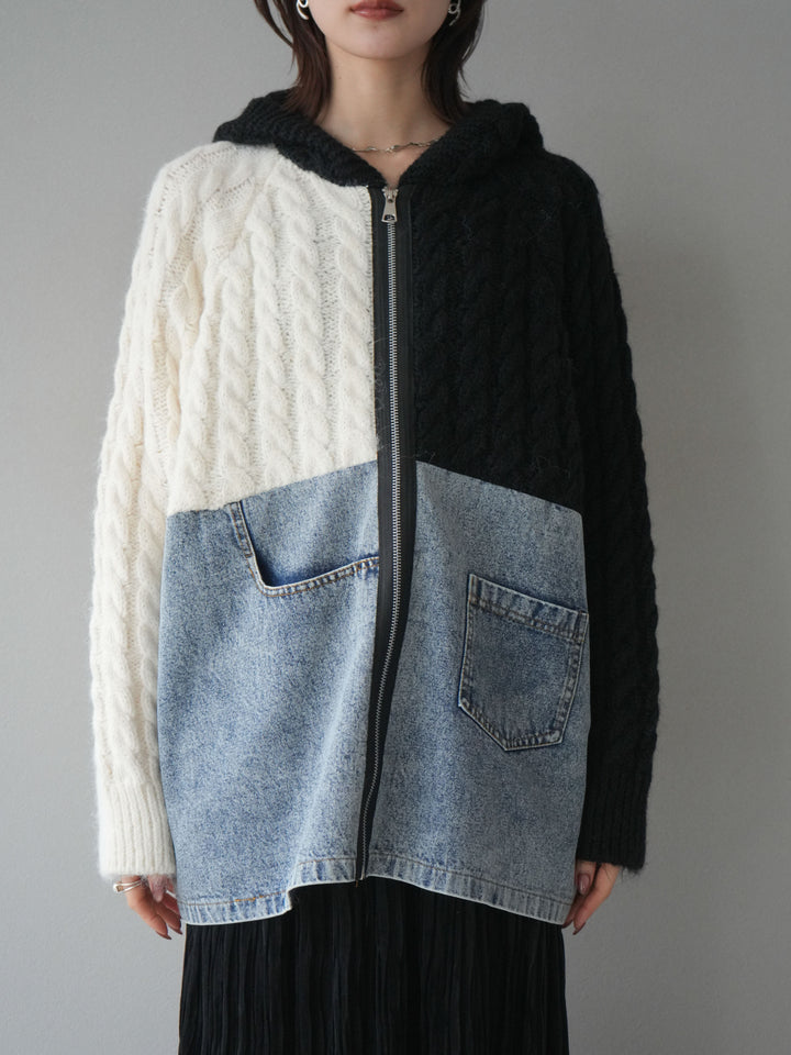 [予約]デニム×バイカラーニットZIPフーディ/black