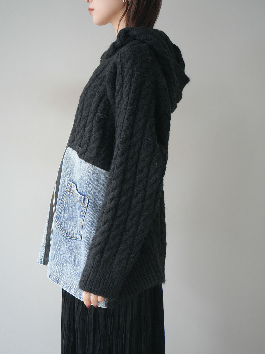 [予約]デニム×バイカラーニットZIPフーディ/black