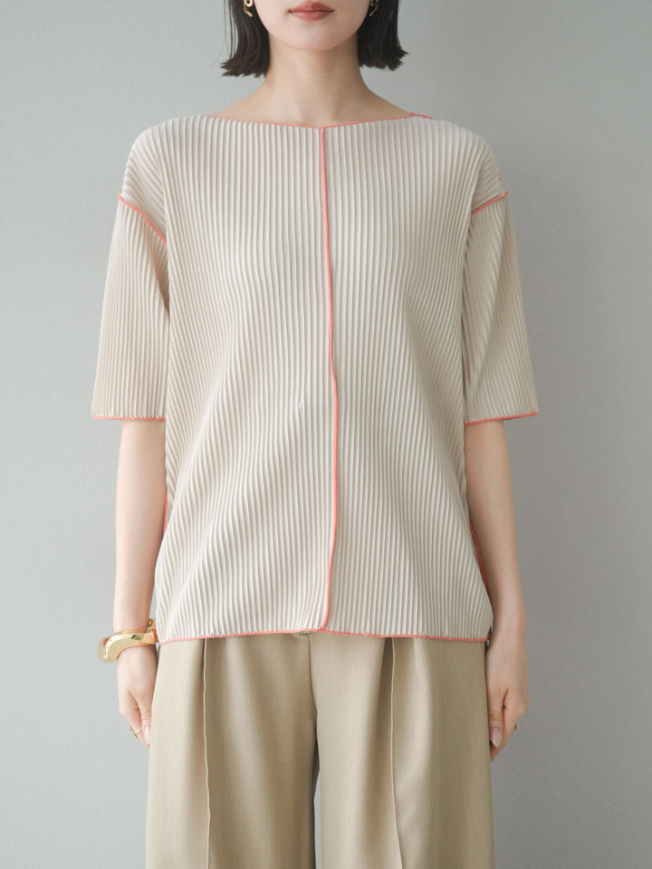 [予約]配色メロープリーツハーフスリーブトップス/ベージュ