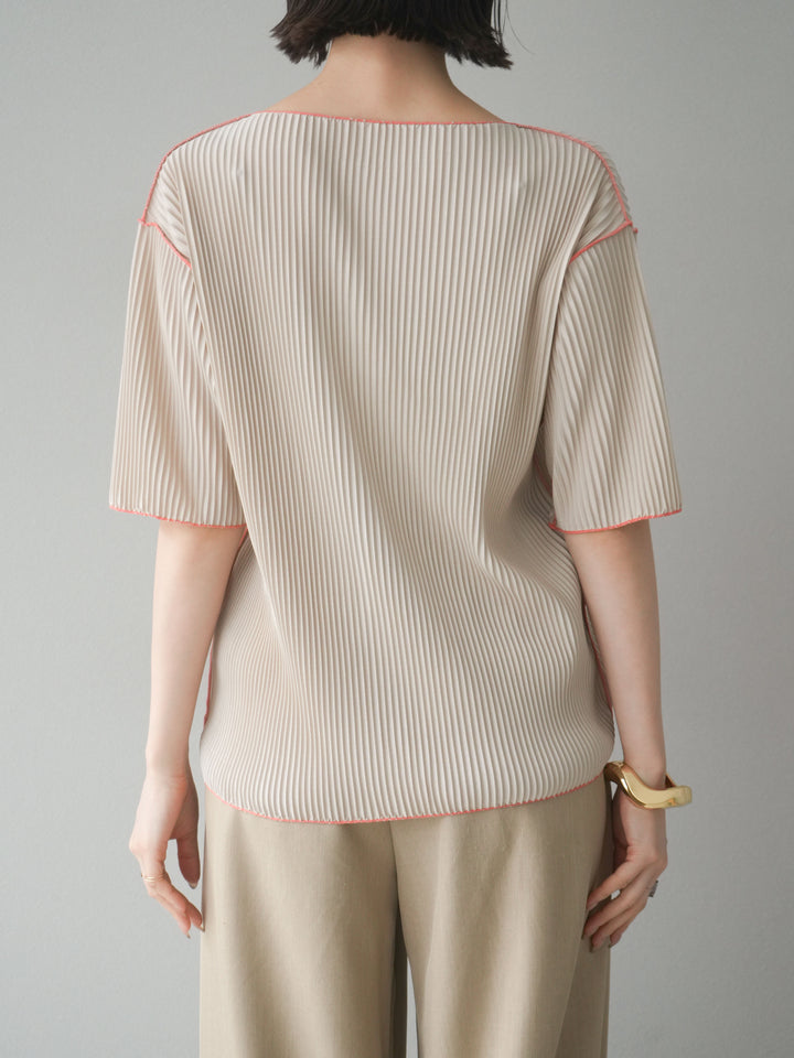 [予約]配色メロープリーツハーフスリーブトップス/ベージュ