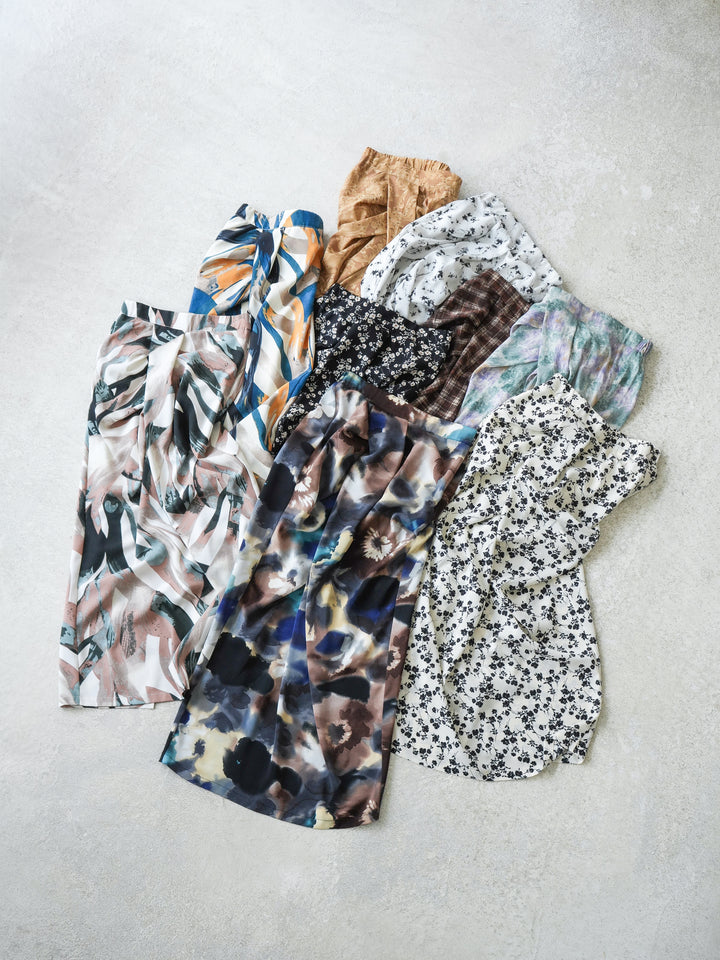 [SET]リネンタッチ配色二重臼ハーフニットトップス+選べるアソート柄スカートセット(2set)